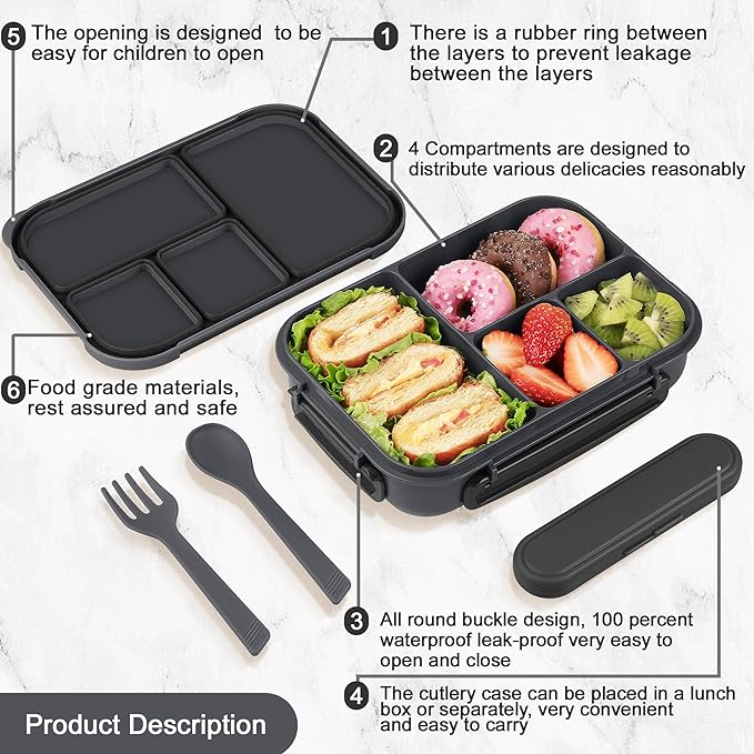 Lunch Box Kids,Bento Box Adult,Leakproof Lunch Containers for Adults/Kids/Toddler,1200ML-4 Compartments bento Lunch box with Utensil,Microwave & Dishwasher & Freezer Safe (Dark Gray)
