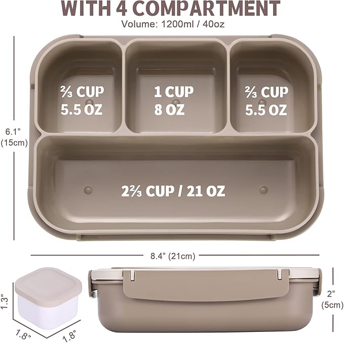 Adult Lunch Box, Containers for Adults Men Women with 4 Compartments, Lunchable Food Container with Utensils, Sauce Jar, Muffin Liners, 40 Oz/5 Cup, Microwave & Dishwasher Safe, Brown