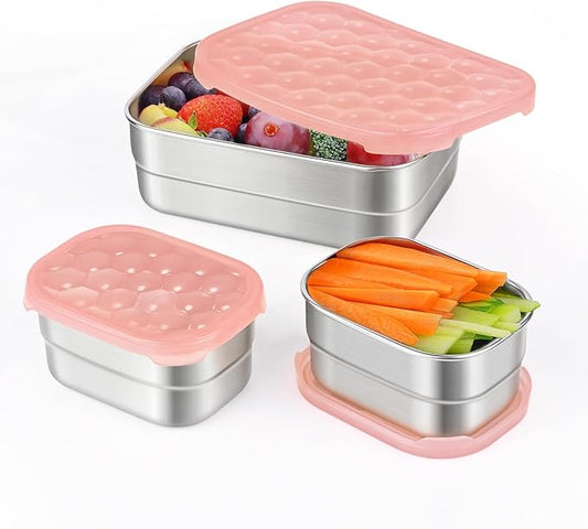 Small Stainless Steel Lunch Containers for Kids | Leak Proof Snack Containers with Silicone Lids - Perfect Metal Lunch Box with Lids for School and Daycare (25oz+8oz*2)