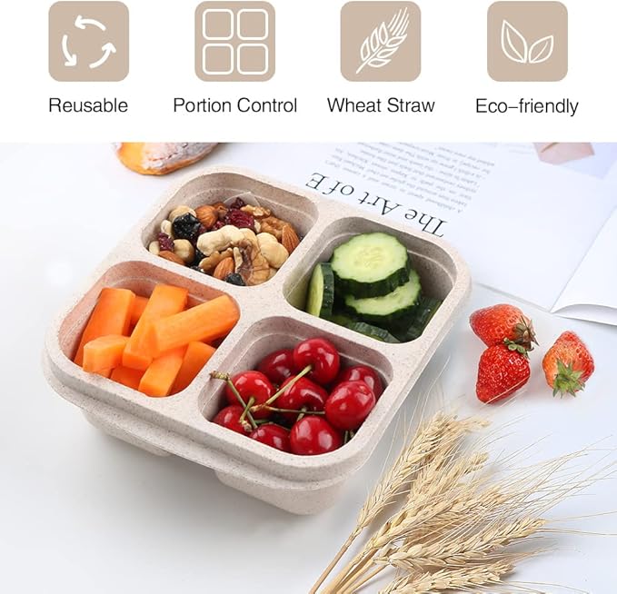Snack Containers, 4 Pack Reusable Bento Snack Box, 4 Compartments Meal Prep Lunch Containers for Kids Adults, Divided Food Storage Containers for School Work Travel
