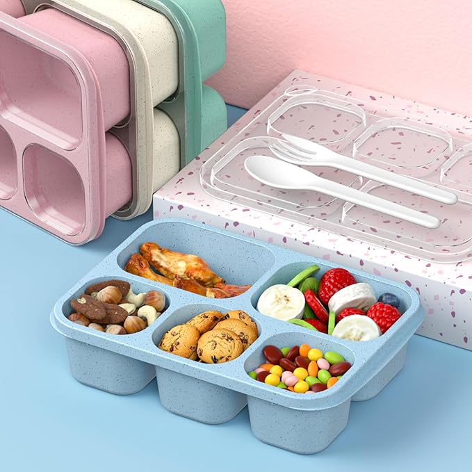 Adult Lunch Box - 4 Pack, 5 - Compartment Meal Prep Container for Kids, Reusable Food Storage Snack Containers - Stackable for School, Work, and Travel (Wheat(Green/Blue/Pink/Beige))