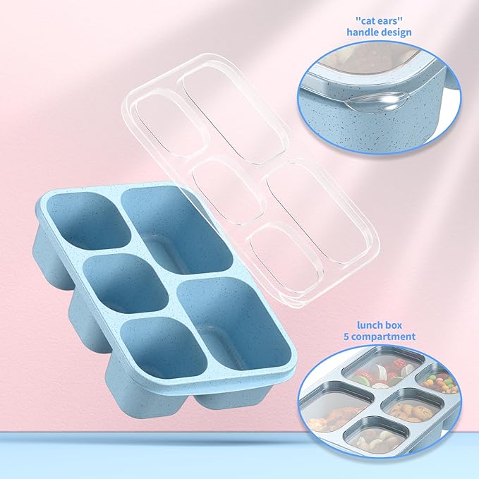 Adult Lunch Box - 4 Pack, 5 - Compartment Meal Prep Container for Kids, Reusable Food Storage Snack Containers - Stackable for School, Work, and Travel (Wheat(Green/Blue/Pink/Beige))