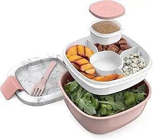 Salad Container - 54 oz Bowl with 4-Compartment Toppings Tray, Dressing Container, Reusable Fork, BPA-Free Lunch Box for Meal Prep & Food Storage; Removable Bento Tray (Blush Marble)