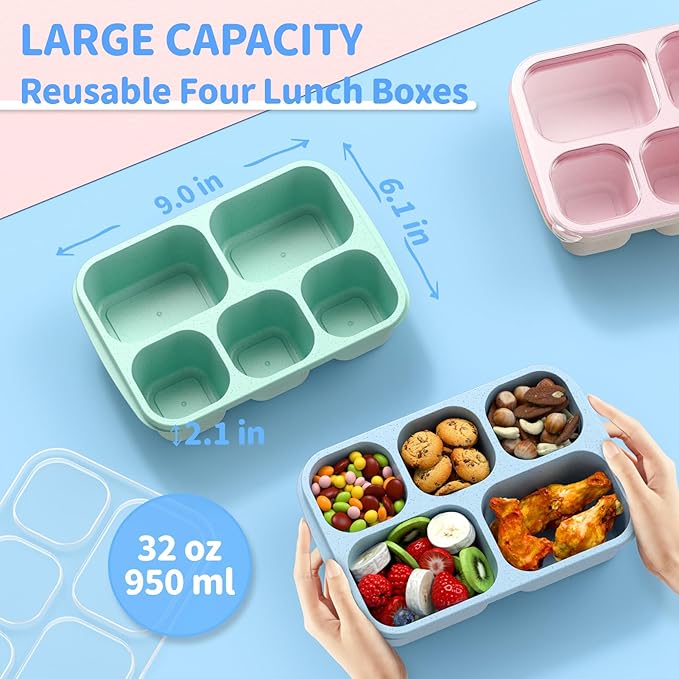 Adult Lunch Box - 4 Pack, 5 - Compartment Meal Prep Container for Kids, Reusable Food Storage Snack Containers - Stackable for School, Work, and Travel (Wheat(Green/Blue/Pink/Beige))