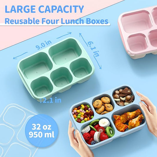 Adult Lunch Box - 4 Pack, 5 - Compartment Meal Prep Container for Kids, Reusable Food Storage Snack Containers - Stackable for School, Work, and Travel (Wheat(Green/Blue/Pink/Beige))