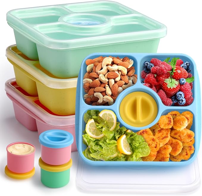 Snack Box Containers for Adults Kids, 4 Pack Lunchable Meal Prep Containers Reusable, Stackable Bento Lunch Box, Food Storage Prep Containers with Lids and 4 Sauce Cups, Pastel Color, Clear Lid