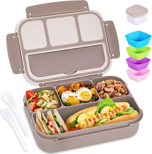 Adult Lunch Box, Containers for Adults Men Women with 4 Compartments, Lunchable Food Container with Utensils, Sauce Jar, Muffin Liners, 40 Oz/5 Cup, Microwave & Dishwasher Safe, Brown
