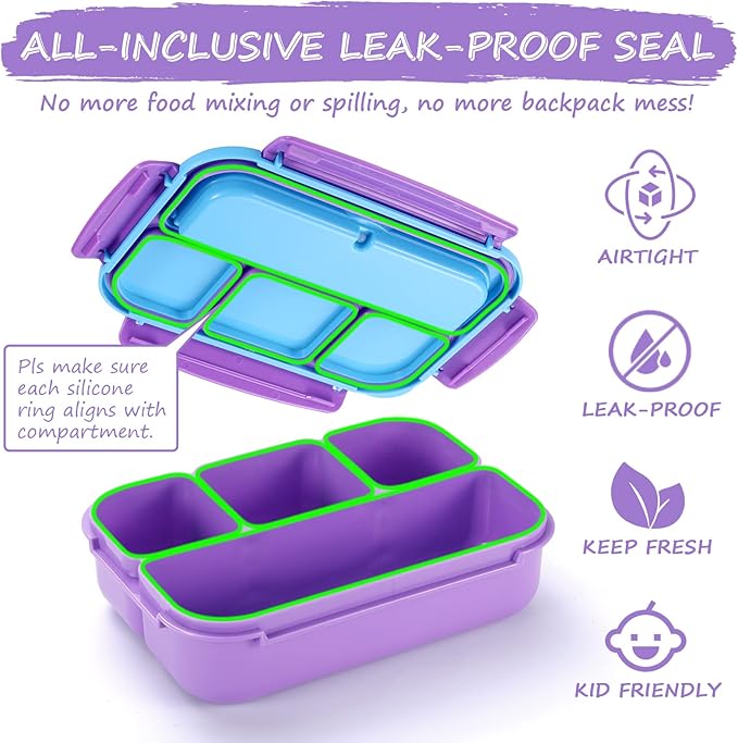 Bento Lunch Box for Kids Girls Boys, Toddler Kids Lunch Boxes for School, Lunch Containers for Adults with 4 Compartments, Sauce Container, Utensils, Food Picks and Muffin Cups, Purple