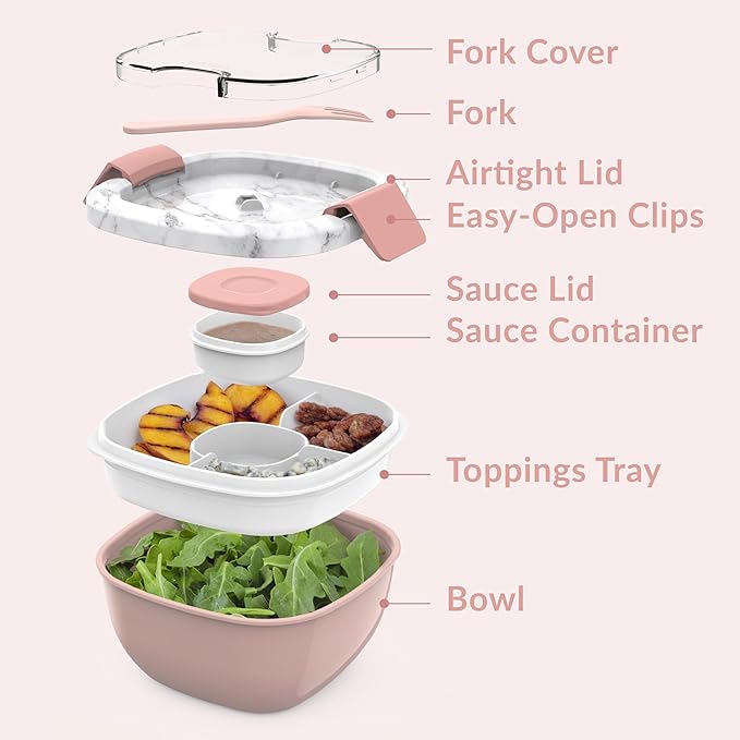 Salad Container - 54 oz Bowl with 4-Compartment Toppings Tray, Dressing Container, Reusable Fork, BPA-Free Lunch Box for Meal Prep & Food Storage; Removable Bento Tray (Blush Marble)