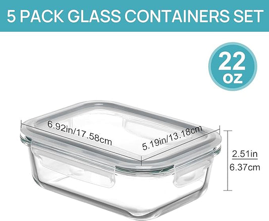 5Pack 22oz Glass Storage Containers with Lids, Glass Meal Prep Food Container Sets with Snap Airtight Lids for Microwave, Oven, Freezer and Dishwasher