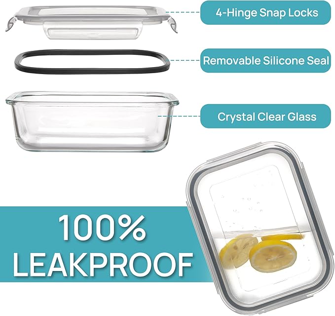 5Pack 22oz Glass Storage Containers with Lids, Glass Meal Prep Food Container Sets with Snap Airtight Lids for Microwave, Oven, Freezer and Dishwasher