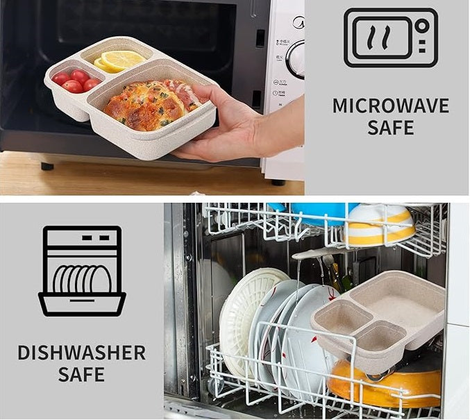 4 Pack Bento Lunch Box Set 3 Compartment Food Storage Containers Wheat Straw Meal Prep Lunch Box Plastic Food Storage Containers, Microwave and Dishwasher Safe (light colour)