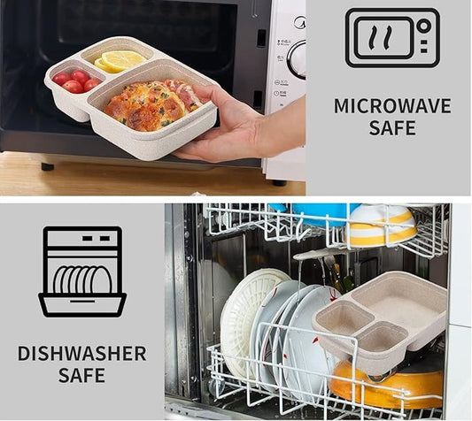 4 Pack Bento Lunch Box Set 3 Compartment Food Storage Containers Wheat Straw Meal Prep Lunch Box Plastic Food Storage Containers, Microwave and Dishwasher Safe (light colour)