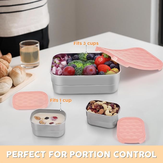Small Stainless Steel Lunch Containers for Kids | Leak Proof Snack Containers with Silicone Lids - Perfect Metal Lunch Box with Lids for School and Daycare (25oz+8oz*2)