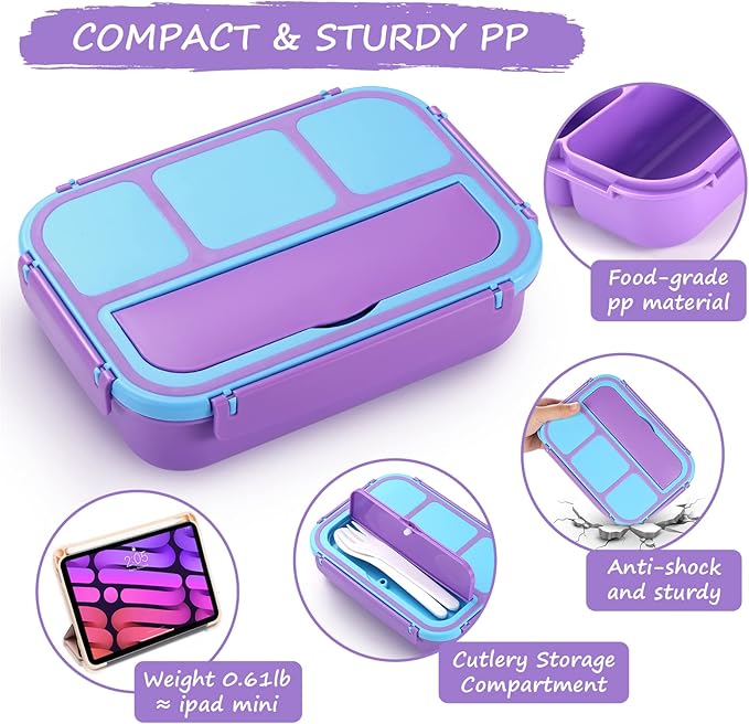 Bento Lunch Box for Kids Girls Boys, Toddler Kids Lunch Boxes for School, Lunch Containers for Adults with 4 Compartments, Sauce Container, Utensils, Food Picks and Muffin Cups, Purple