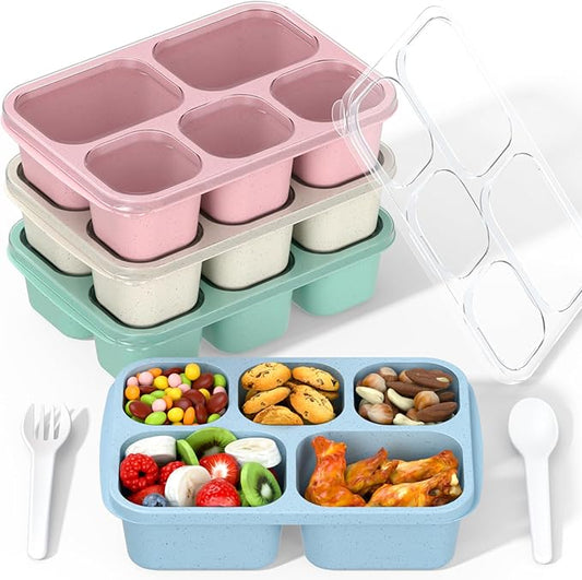 Adult Lunch Box - 4 Pack, 5 - Compartment Meal Prep Container for Kids, Reusable Food Storage Snack Containers - Stackable for School, Work, and Travel (Wheat(Green/Blue/Pink/Beige))