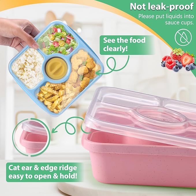 Snack Box Containers for Adults Kids, 4 Pack Lunchable Meal Prep Containers Reusable, Stackable Bento Lunch Box, Food Storage Prep Containers with Lids and 4 Sauce Cups, Pastel Color, Clear Lid