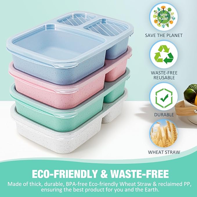 Wheat Straw Bento Lunch Box Containers for Adults & Kids - 3-Compartment Reusable Meal Prep Containers for School, Work, Travel, Set of 4 (Multicolor & Clear Lids)