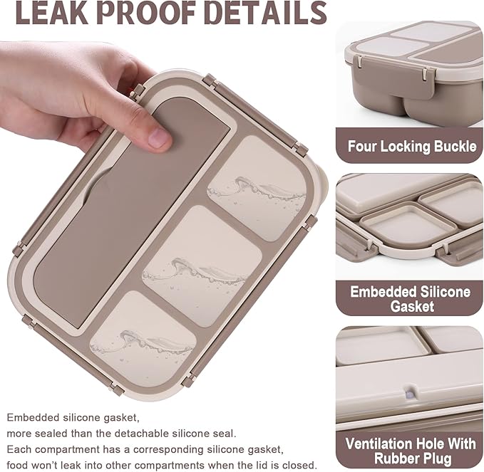 Adult Lunch Box, Containers for Adults Men Women with 4 Compartments, Lunchable Food Container with Utensils, Sauce Jar, Muffin Liners, 40 Oz/5 Cup, Microwave & Dishwasher Safe, Brown