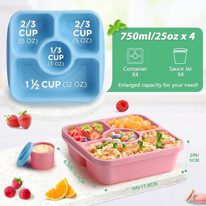 Snack Box Containers for Adults Kids, 4 Pack Lunchable Meal Prep Containers Reusable, Stackable Bento Lunch Box, Food Storage Prep Containers with Lids and 4 Sauce Cups, Pastel Color, Clear Lid