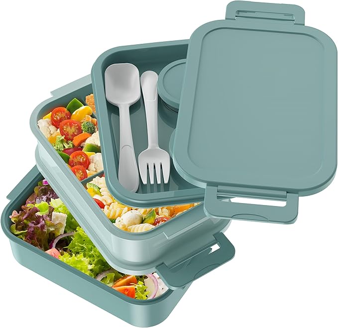 Adult Lunch Box - 72oz Stackable Bento Lunch Box for Adults, 3 Layers All-in-One Large Bento Box Leak-Proof Lunchbox with Utensil Sauce Dressing Containers for Dining Out,Work, Green