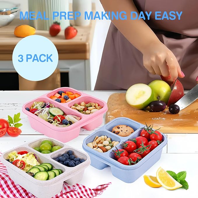 Bento Box [Portion Size], 3 Pack Snack Containers with 3 Compartments for Meal Prep & On-the-Go [School, Travel], Lunchable Container Reusable and BPA-Free