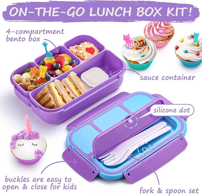 Bento Lunch Box for Kids Girls Boys, Toddler Kids Lunch Boxes for School, Lunch Containers for Adults with 4 Compartments, Sauce Container, Utensils, Food Picks and Muffin Cups, Purple