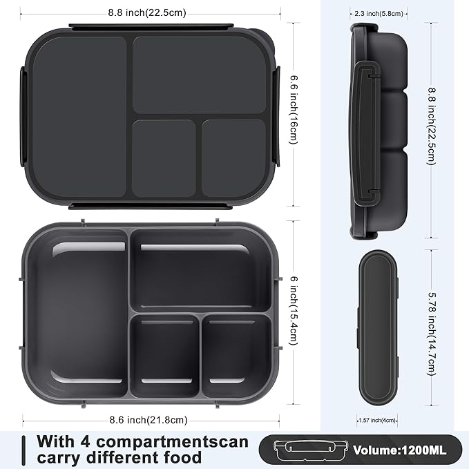 Lunch Box Kids,Bento Box Adult,Leakproof Lunch Containers for Adults/Kids/Toddler,1200ML-4 Compartments bento Lunch box with Utensil,Microwave & Dishwasher & Freezer Safe (Dark Gray)