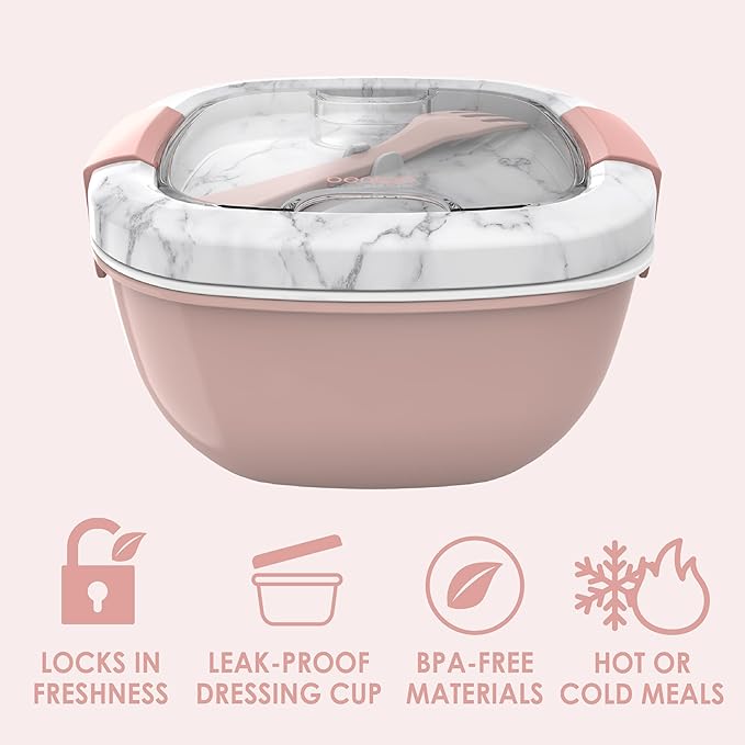 Salad Container - 54 oz Bowl with 4-Compartment Toppings Tray, Dressing Container, Reusable Fork, BPA-Free Lunch Box for Meal Prep & Food Storage; Removable Bento Tray (Blush Marble)