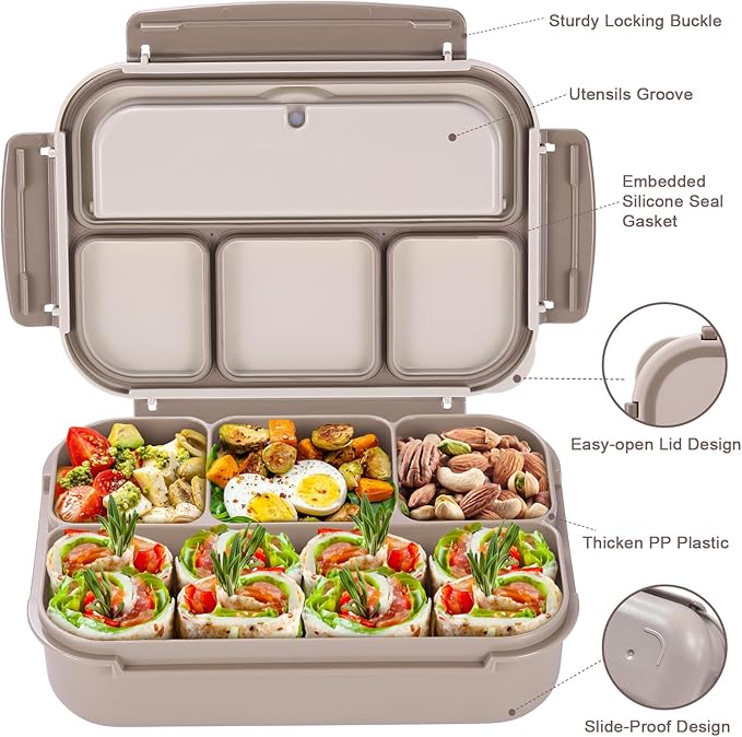 Adult Lunch Box, Containers for Adults Men Women with 4 Compartments, Lunchable Food Container with Utensils, Sauce Jar, Muffin Liners, 40 Oz/5 Cup, Microwave & Dishwasher Safe, Brown