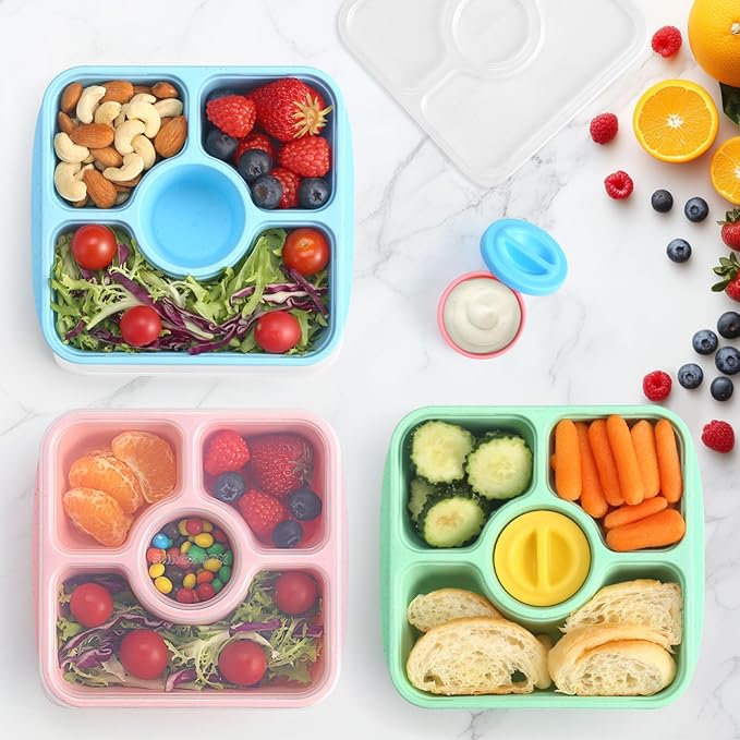 Snack Box Containers for Adults Kids, 4 Pack Lunchable Meal Prep Containers Reusable, Stackable Bento Lunch Box, Food Storage Prep Containers with Lids and 4 Sauce Cups, Pastel Color, Clear Lid