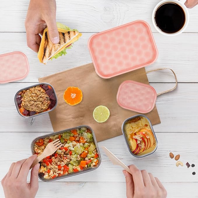 Small Stainless Steel Lunch Containers for Kids | Leak Proof Snack Containers with Silicone Lids - Perfect Metal Lunch Box with Lids for School and Daycare (25oz+8oz*2)