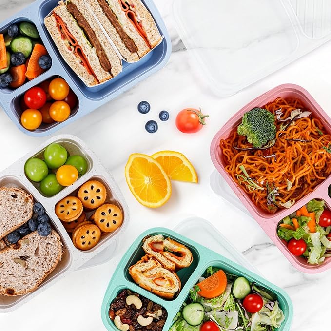 Wheat Straw Bento Lunch Box Containers for Adults & Kids - 3-Compartment Reusable Meal Prep Containers for School, Work, Travel, Set of 4 (Multicolor & Clear Lids)