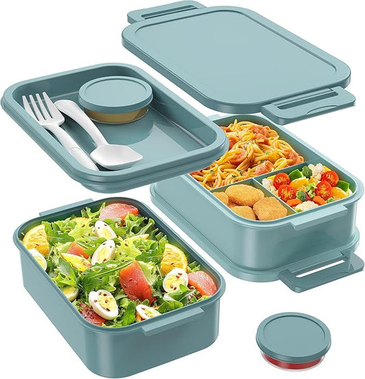 Adult Lunch Box - 72oz Stackable Bento Lunch Box for Adults, 3 Layers All-in-One Large Bento Box Leak-Proof Lunchbox with Utensil Sauce Dressing Containers for Dining Out,Work, Green