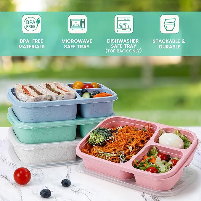 Wheat Straw Bento Lunch Box Containers for Adults & Kids - 3-Compartment Reusable Meal Prep Containers for School, Work, Travel, Set of 4 (Multicolor & Clear Lids)