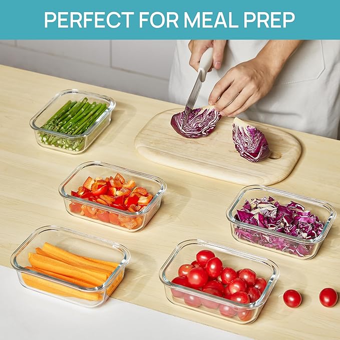 5Pack 22oz Glass Storage Containers with Lids, Glass Meal Prep Food Container Sets with Snap Airtight Lids for Microwave, Oven, Freezer and Dishwasher