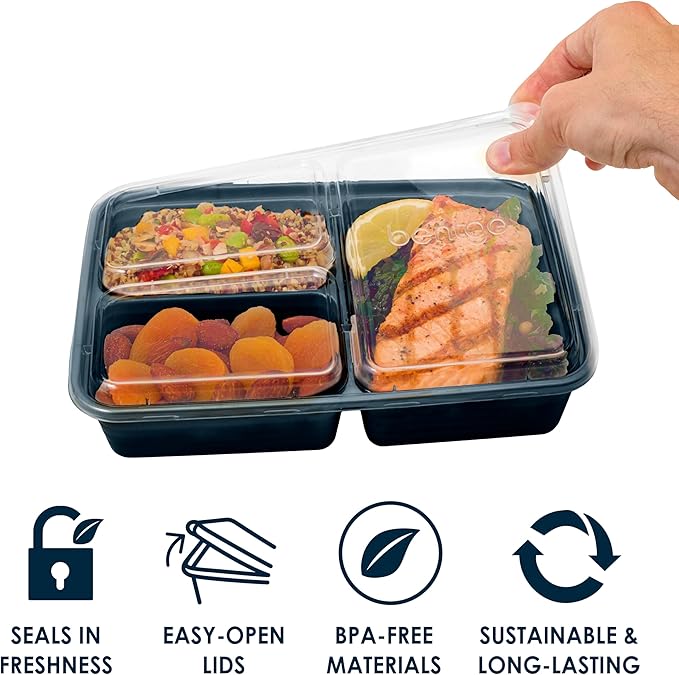 20-Piece Lightweight, Durable, Reusable BPA-Free 3-Compartment Containers - Microwave, Freezer, Dishwasher Safe - Navy Blue