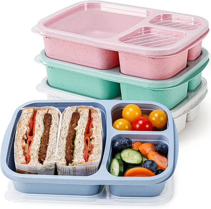 Wheat Straw Bento Lunch Box Containers for Adults & Kids - 3-Compartment Reusable Meal Prep Containers for School, Work, Travel, Set of 4 (Multicolor & Clear Lids)