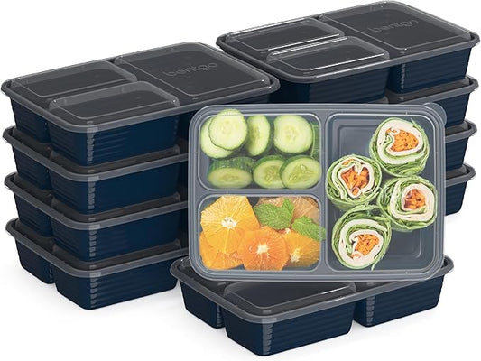 20-Piece Lightweight, Durable, Reusable BPA-Free 3-Compartment Containers - Microwave, Freezer, Dishwasher Safe - Navy Blue