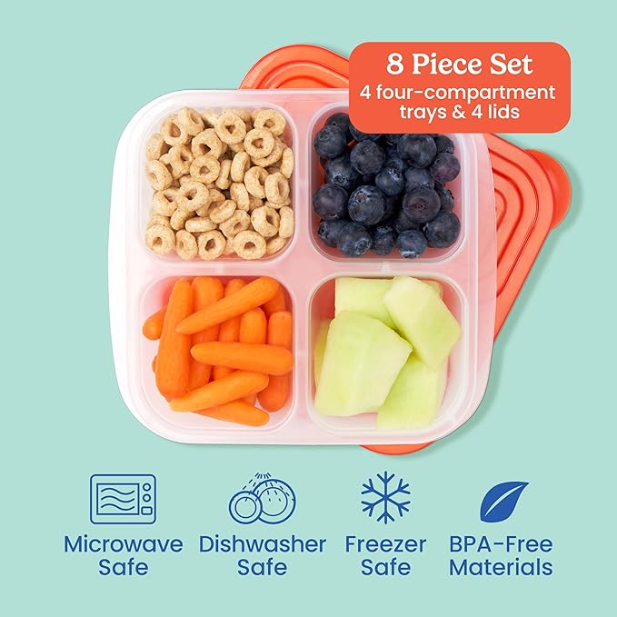 4-Compartment Snack Containers - 8-Piece Set with 4 Trays & 4 Custom-Fit Lids to Seal in Freshness - Reusable Food Storage & Meal Prep Bento BPA-Free Containers (Classic)
