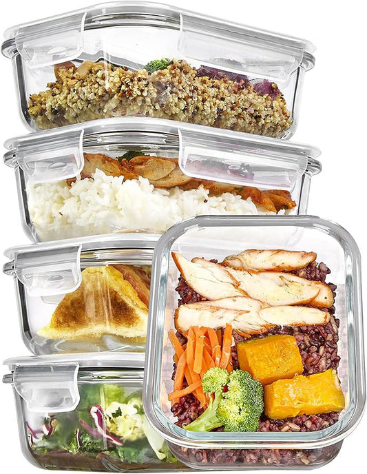 5Pack 22oz Glass Storage Containers with Lids, Glass Meal Prep Food Container Sets with Snap Airtight Lids for Microwave, Oven, Freezer and Dishwasher