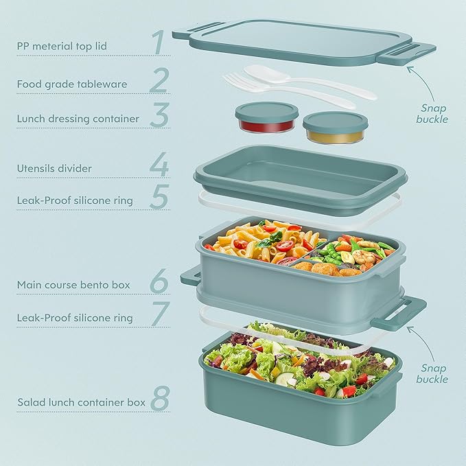 Adult Lunch Box - 72oz Stackable Bento Lunch Box for Adults, 3 Layers All-in-One Large Bento Box Leak-Proof Lunchbox with Utensil Sauce Dressing Containers for Dining Out,Work, Green
